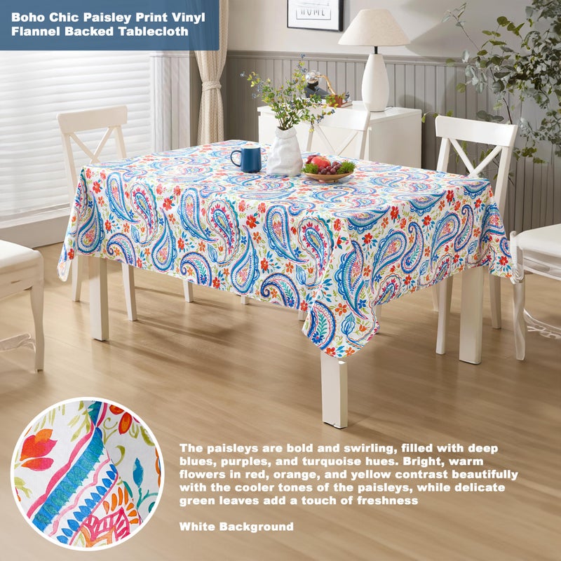 Newbridge Spring and Easter Boho Chic Paisley Vinyl Tablecloth with Flannel Backing, 52 x 52 Inch Square, Blue Red and Pink Floral Print, Wipe Clean Table Cover for Dining and Entertaining - Image 2
